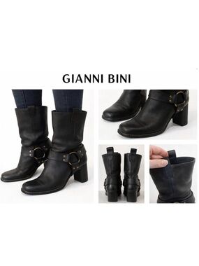 Gianni Bini Black Moto Harness Heel Boots Size 7 Leather Mid Calf Western